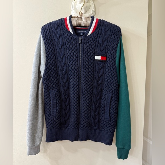 Tommy Hilfiger Men's Navy Zip-Up Sweater with Gray and Green Sleeves - Picture 1 of 6